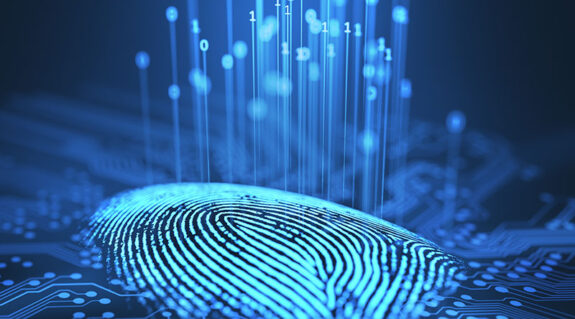 3D illustration. Fingerprint integrated in a printed circuit, releasing binary codes.