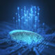 3D illustration. Fingerprint integrated in a printed circuit, releasing binary codes.